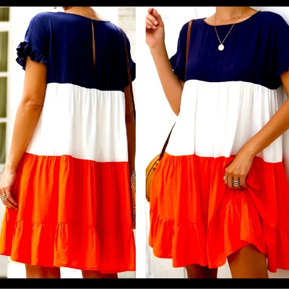 NWT Color Block Flare Dress Navy White Red Ruffle Sleeve Swing Dress